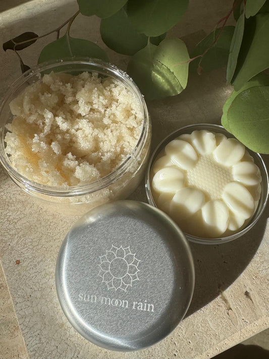 sun m⚭n rain lotion bar (rose, lavender, moon & unscented) + toasted sun coconut sugar body scrub