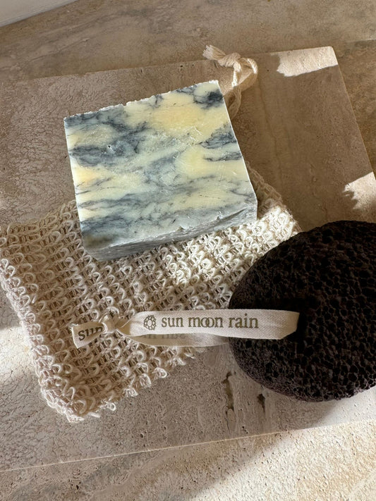 sun m⚭n rain lemon, clove & cinnamon soap bar + soap saver bag + pumice stone 